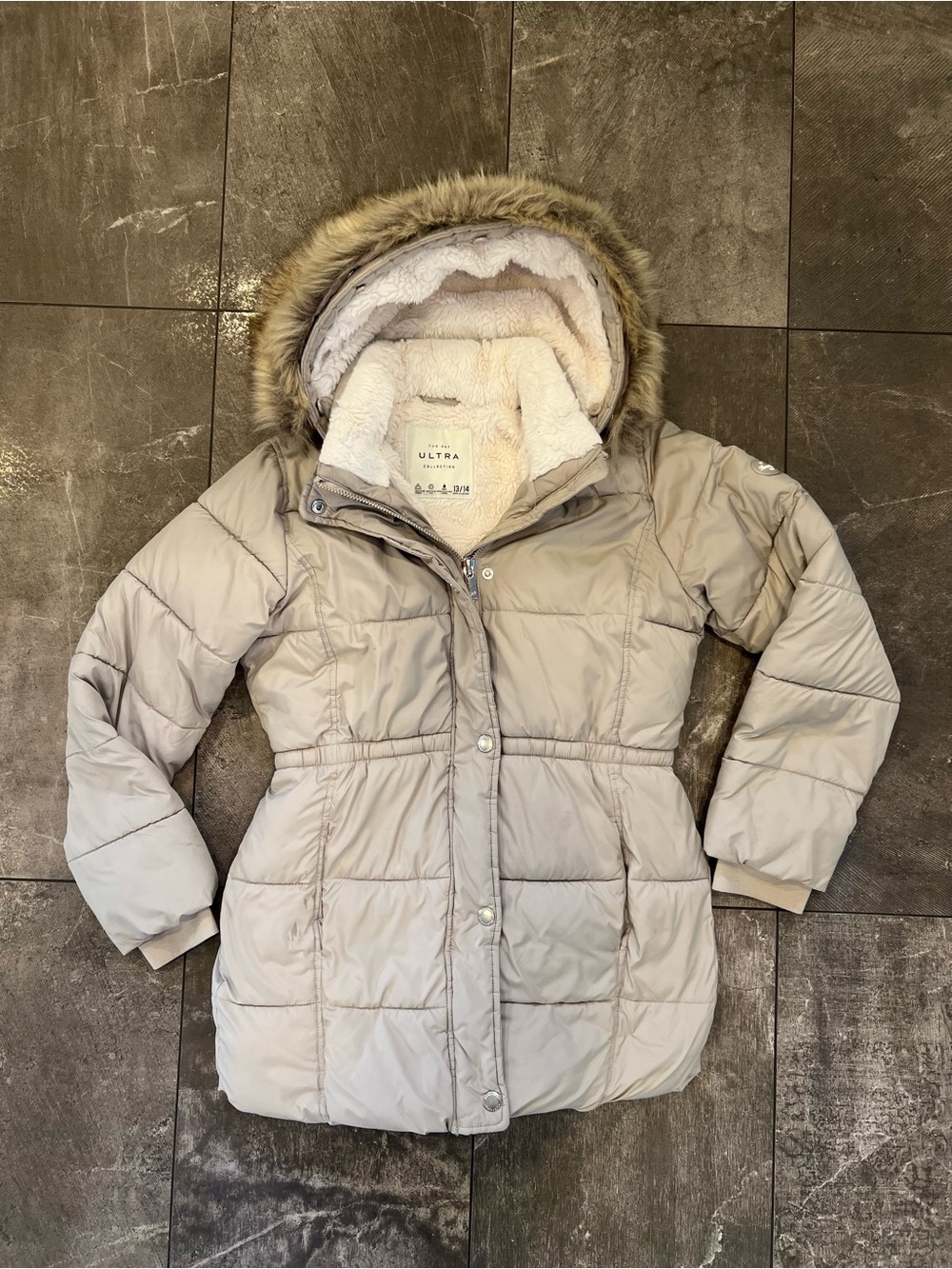 Abercrombie & Fitch grey puffer jacket fur hood Size 13/14